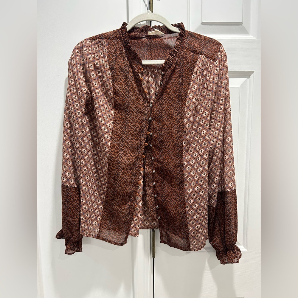 Mystree Brown Patterned Button-Front Blouse